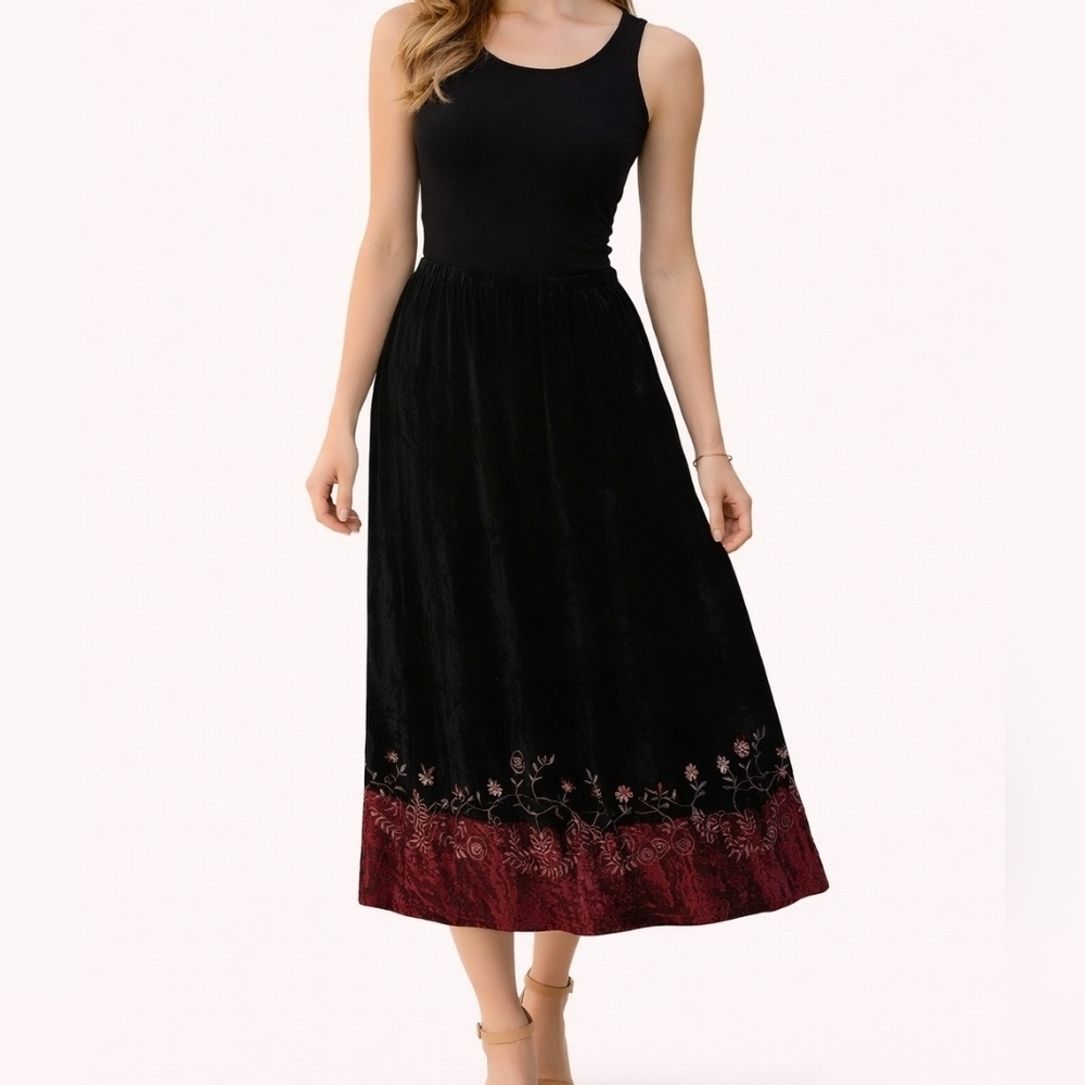 Vtg 1990s WHITE STAG Black Velvet Embroidered Goth Gasparilla Maxi Skirt